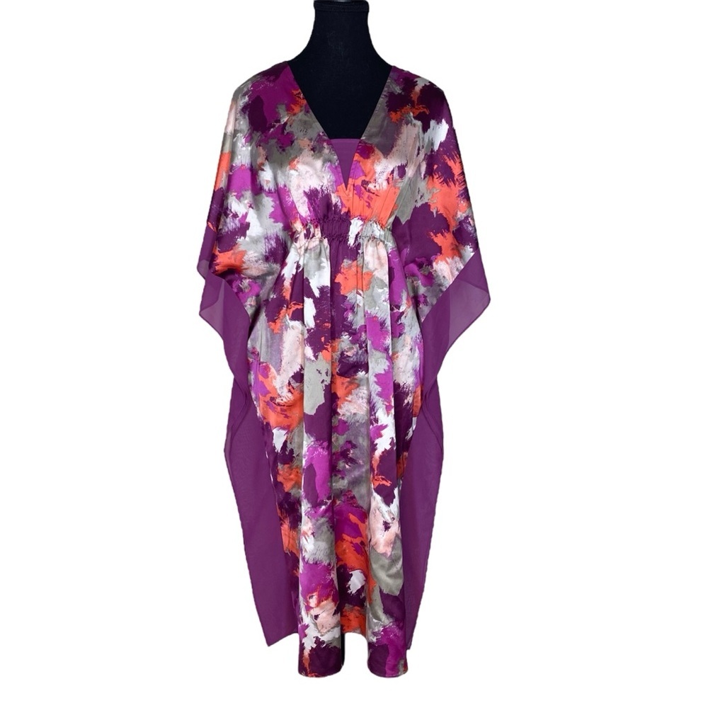 HALSTON Satin Kaftan Dress Cover Up Georgette Trim Resortwear Flowy Small Medium